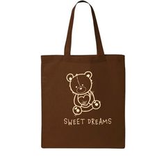 "Sweet Dreams" teddy bear tote bag! Handmade screen print on 100% cotton canvas Brown Letter Print Canvas Tote Bag, Brown Canvas Tote Bag With Letter Print, Brown Bear Design Bags For Everyday Use, Brown Bags With Bear Design For Everyday Use, Brown Tote Canvas Bag For Gift, Brown Canvas Tote Bag For Gifting, Brown Canvas Tote Bag For Gift, Strawberry Farm, Tote Bags Handmade