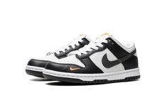 The Nike Dunk Low Next Nature GS "Black/Bright Mandarin" is the youth sizing of the retro basketball shoe made from sustainable materials in an appealing and versatile colorway.  The shoe is complete with a Light Silver leather base that’s contrasted with black leather overlays.  A black leather Swoosh appears on the sides and a small Bright Mandarin Swoosh is embroidered on the forefoot.  The orange hue is also found on the Nike logo on the tongue tag.  Underfoot, Nike matches the white rubber Retro Basketball Shoes, Nike Kids, Nike Dunk Low, Dunk Low, Nike Dunks, Nike Logo, Kids Gifts, Black Leather, Nike