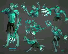 the concept art for blue demon's character sheet is shown in green and black