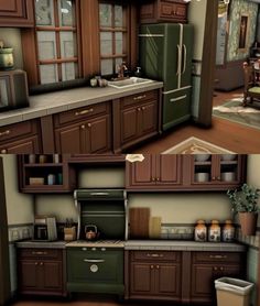 two pictures of the same kitchen with brown cabinets and green appliances, one is empty