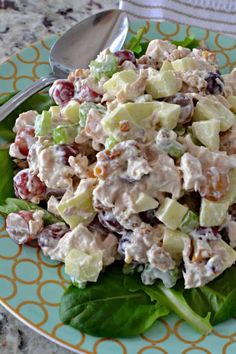 a salad with lettuce, grapes and chicken on a blue and yellow plate