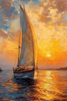 a painting of a sailboat in the ocean at sunset