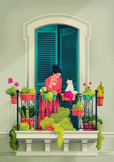 a woman sitting on a balcony with potted plants and a cat looking out the window