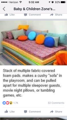 an image of a bed with pillows on it and the caption that reads, stack of multiple fabric - covered foam pads makes a cushy sofa in the