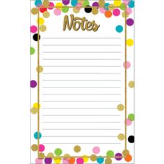 a notepad with confetti and gold writing on the front, surrounded by colorful dots