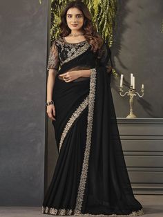 Tiara Georgette Embroidered Stone Work Designer Border Saree Premium quality georgette fabric Comes with unstitch blouse fabric Get ready to be crowned Queen of the party with the Tiara Saree! Made with luxurious Georgette fabric, this designer saree features intricate stone work and a unique embroidered border. Lehenga Black, Reception Saree Ideas, Wedding Reception Saree, Indian Wedding Lehenga, Online Shopping Sarees, Net Blouses, Silk Sarees Wedding