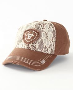 Love this Ariat hat! Ariat Hats, Horseshoe Logo, Brown Hats, Boot Jewelry, Country Outfits, Baseball Hat, Ball Cap, Lace Overlay, Vintage Lace