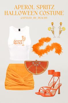 an orange skirt, white tank top and yellow sandals are featured in this halloween costume