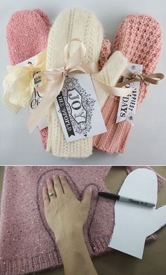 two pictures showing how to make knit mitts with ribbon and tags on the side