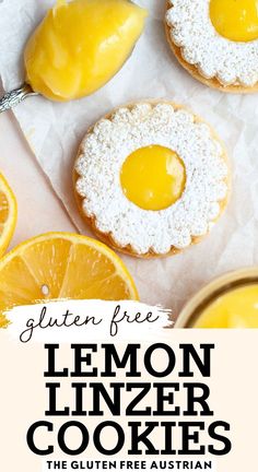 lemon linzer cookies with powdered sugar on top and the title text reads gluten free lemon linzer cookies