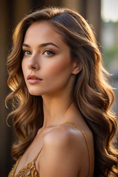 a beautiful woman with long hair posing for the camera