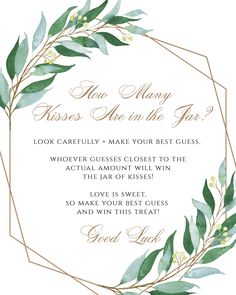 a wedding card with greenery and gold foil on the front, which reads how many kisses are in the air?