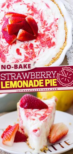 no - bake strawberry lemonade pie on a plate with the title overlay