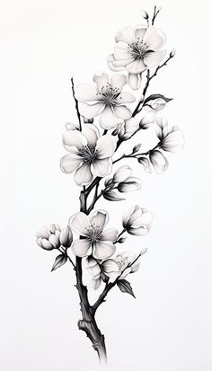 a black and white drawing of flowers on a branch