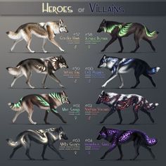 the wolfs are all different colors and sizes