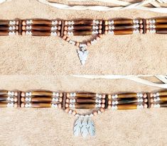 Native American Indian Style Choker made from your choice of Buffalo Bone or Buffalo Horn Hairpipe beads (Red, Black, GoldenAmber, Bone, Turquoise),  silver plated and matching wood accent beads. You can order it without the pendant or with the 3 feathers or arrowhead pendant.  All items are handmade by me in the United States. Includes tie in back. Choose Primary Hairpipe and Accent Bead Color (see picture). 1.  GoldenAmber Horn 2.  Bone 3.  Black Horn 4.  Turquoise 5.  Antique Bone 6.  Red Horn See my other chokers: https://www.etsy.com/shop/BlueEyesDesignsHB?ref=shop-header-name&listing_id=1192265069&section_id=31731787 Or you can custom order a hairpipe choker in your choice of Genuine Horn or Bone hairpipe beads in the following colors: Black Horn Red Horn GoldenAmber Brown Horn Turqu Cherokee Tattoos, Native American Dress, Cowboy Hat Bands, Arrowhead Pendant, Leather Jewelry Diy, Choker Silver, Western Cowboy Hats, Native American Style, Necklace Patterns