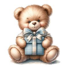 a brown teddy bear holding a blue gift box with a bow on it's neck