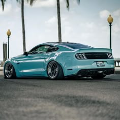 a blue mustang parked on the side of a road with palm trees in the background