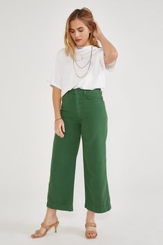 Lightweight, high-rise, wide legged, cropped twill pants. 11.5" Front Rise, 27 1/2" Inseam,21.5" Leg Opening. Slight Stretch Details 77% Cotton, 23% Tencel Machine Washable TTS *CLEARANCE FINAL SALE Green Wide Leg Pants, Harry Styles Concert, Vegan Clothing, Wide Leg Cropped Pants, Fashion Deals, Twill Pants, Wide Leg Pant, Twill Fabric, Small Tops