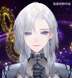 an anime character holding a microphone in front of a background with stars and sparkles