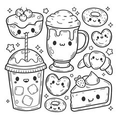 a black and white line drawing of various food items including donuts, cake, ice cream