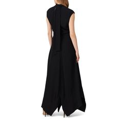 Black crepe (70% Triacetate, 30% Polyester). Gown. Cap sleeves. High neckline. Center back tie closure. 58" from shoulder to hemline. Imported. Elegant Asymmetrical Tie Back Dress, Elegant Asymmetrical Dress With Tie Back, Elegant Asymmetrical Tie-back Dress, Black Tie Back Maxi Dress For Formal Occasions, Chic Evening Crepe Maxi Dress, Chic Crepe Maxi Dress For Evening, Pre-draped Formal Maxi Dress With Back Opening, Chic Crepe Maxi Dress For Formal Occasions, Chic Formal Crepe Maxi Dress