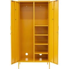 an open yellow locker with shelves on both sides and two doors at the bottom that are closed