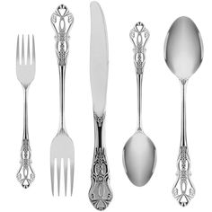 an assortment of silverware including spoons, forks and knives with ornate designs on them