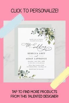 a pink and white wedding card with the text, click to personalize on it