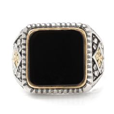 Inspired by Greek mythology, each piece of jewelry designed by Konstantino features intricate details and luxurious metals. This sterling silver ring is no exception, with delicate 18k gold highlights and a rich black onyx stone setting. Available in multiple sizes. Includes branded Konstantino gift packaging. Luxury Hallmarked Onyx Rings, Silver Onyx Signet Ring Luxury Style, Luxury Silver Onyx Signet Ring, Luxury Silver Signet Ring With Onyx, Luxury Onyx Signet Ring With Gemstone, Luxury Black Sterling Silver Ring, Luxury Black Engraved Ring With Polished Finish, Elegant Black Engraved Ring With Black Enamel, Luxury Black Engraved Ring In Sterling Silver