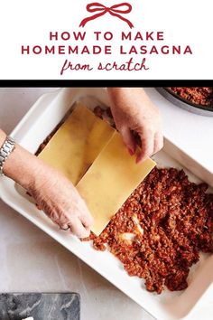 a person cutting food on top of a white plate with the words how to make homemade lasagna from scratch