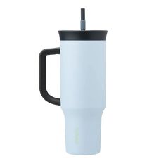 a white travel mug with black handle and lid