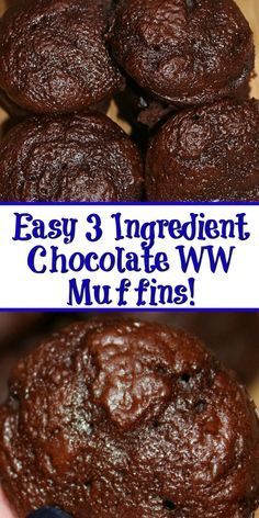 chocolate muffins stacked on top of each other with the words easy 3 ingredient chocolate w