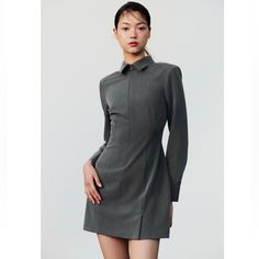 Nwt Zara Woman Bloggers Fav Fitted Mini Shirtdress Dress Grey Size L Large Zara Mini, Fitted Shirt, Zara Woman, Shirtdress, Zara Dresses, Gray Dress, Zara Women, Workout Shirts, Shirt Dress