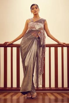 Shop for Moledro Grey Saree- Lycra Selena Pre-draped Saree With Blouse for Women Online at Aza Fashions Patchwork Blouse, Draped Saree, Butterfly Net, Grey Saree, Patch Work Blouse, Drape Saree, Embellished Blouse, Patchwork Fabric, Patch Work