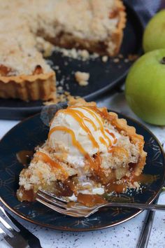 a slice of apple pie with ice cream and caramel drizzle