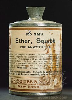 an old tin can with the words ether, squb for anesthesa on it