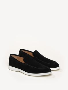 An ultra-soft kid suede upper and durable rubber sole come together for the ultimate hand-stitched loafer. With a sole that contrasts in color, the style pairs equally well with a pair of jeans as it does a suit—all year long. Italian Loafers, Black Suede Loafers, Black Loafers, Shoes Flats Sandals, Suede Loafers, Boots And Sneakers, Come Together, Boots For Sale, Boot Shop