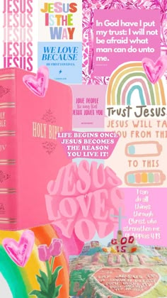 a collage of pink and blue images with the words jesus loves you