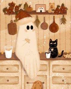 a painting of a ghost in the kitchen with two cats and cookies on the counter