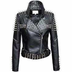 Introducing our Punk Women's Genuine Leather Studded Style Cropped Jacket, the ultimate statement piece for rebellious fashionistas. Crafted with utmost precision and attention to detail, this jacket is designed to make heads turn and hearts skip a beat. 
Made from high-quality genuine cowhide leather, this jacket boasts a luxurious feel and unmatched durability. The leather's natural grain adds a touch of authenticity and character, making each piece truly unique. The studded detailing on the collar, cuffs, and waistline adds a punk-inspired edge, giving you a fierce and fearless look that will set you apart from the crowd. 
The polyester lining ensures utmost comfort and allows for easy movement, making this jacket suitable for any occasion. With multiple pockets, including one inside po Fashion Ramp, Graffiti Clothing, Womens Leather Jackets, Plus Size Leather Jacket, Women Leather Jacket, Celebrities Leather Jacket, Motorcycle Jacket Women, Biker Coat, Studded Leather Jacket