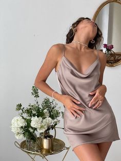 Satin Slip Dress Outfit Casual, Mini Slip Dress Outfit, Silk Slip Dress Short, Casual Silk Dress, Satin Dress Aesthetic, Silk Dress Cowl, Slip Dress Aesthetic, Satin Slip Dress Outfit, Silk Dresses Outfit