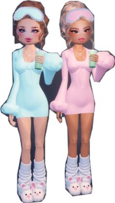 two barbie dolls are standing next to each other holding coffee mugs and looking at the camera