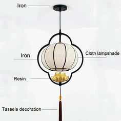 the parts of a chinese lantern hanging from a ceiling fixture with labels on each lamp