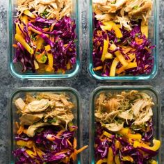 four glass containers filled with different types of food in each one, including chicken and veggies