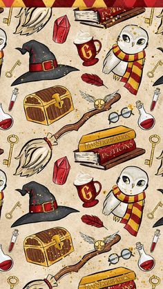 a harry potter themed background with owls, books and hogwart's hat on it