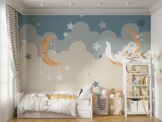 a child's bedroom decorated in pastel colors with stars, moon and clouds painted on the wall