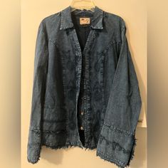 Denim Long Sleeve With Tag Long Sleeve Dark Wash Denim Top With Frayed Hem, Dark Wash Long Sleeve Top With Frayed Hem, Cotton Denim Jacket With Frayed Hem, Long Sleeve Cotton Denim Jacket With Frayed Hem, Vintage Long Sleeve Denim Top For Fall, Distressed Dark Wash Long Sleeve Top, Distressed Cotton Denim Top For Fall, Denim Blue Long Sleeve Top With Frayed Hem, Dark Wash Cotton Denim Top For Fall