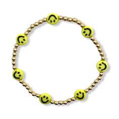 Wear all the smiles on your wrist! - 3mm gold filled balls - yellow acrylic smiley face beads Smiley Face Beads, Rainbow Glass, Gemstone Beaded Bracelets, Pony Beads, Pink Glitter, Smiley Face, Smiley, Etsy Gifts, Gemstone Beads