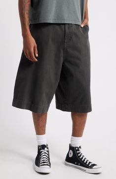 Relaxed and very roomy, these shorts cut from soft cotton twill hit well below the knee and slouch like they're your most comfortable old favorites. Exclusive retailer 13 1/2" inseam; 32" leg opening; 15" front rise; 19" back rise (size 32) Zip fly with button closure Front slant pockets; back patch pockets 100% cotton Machine wash, tumble dry Imported Relaxed Fit Cotton Shorts For Streetwear, Casual Cotton Cargo Shorts, Cotton Streetwear Bottoms With Short Leg, High-waisted Cotton Cargo Shorts For Streetwear, Baggy Cotton Cargo Shorts, Casual Style, Baggy Casual Cotton Cargo Shorts, Baggy Cotton Cargo Shorts Casual, Washed Black Cotton Shorts For Spring, Washed Black Cotton Bottoms For Spring